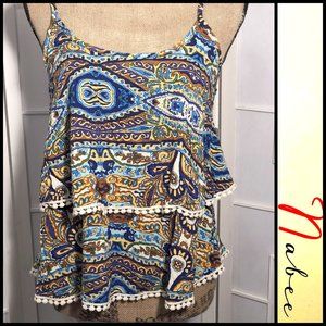 Nabee Womens Tank Top Blue Paisley Ruffled